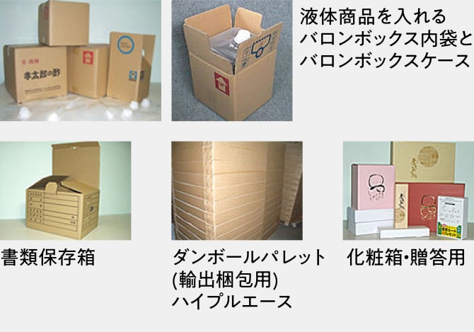 その他・取扱商品の写真［液体商品を入れるバロンボックス内袋とバロンボックスケース、書類保存箱、ダンボールパレット（輸出梱包用）ハイプルエース、化粧箱・贈答用］